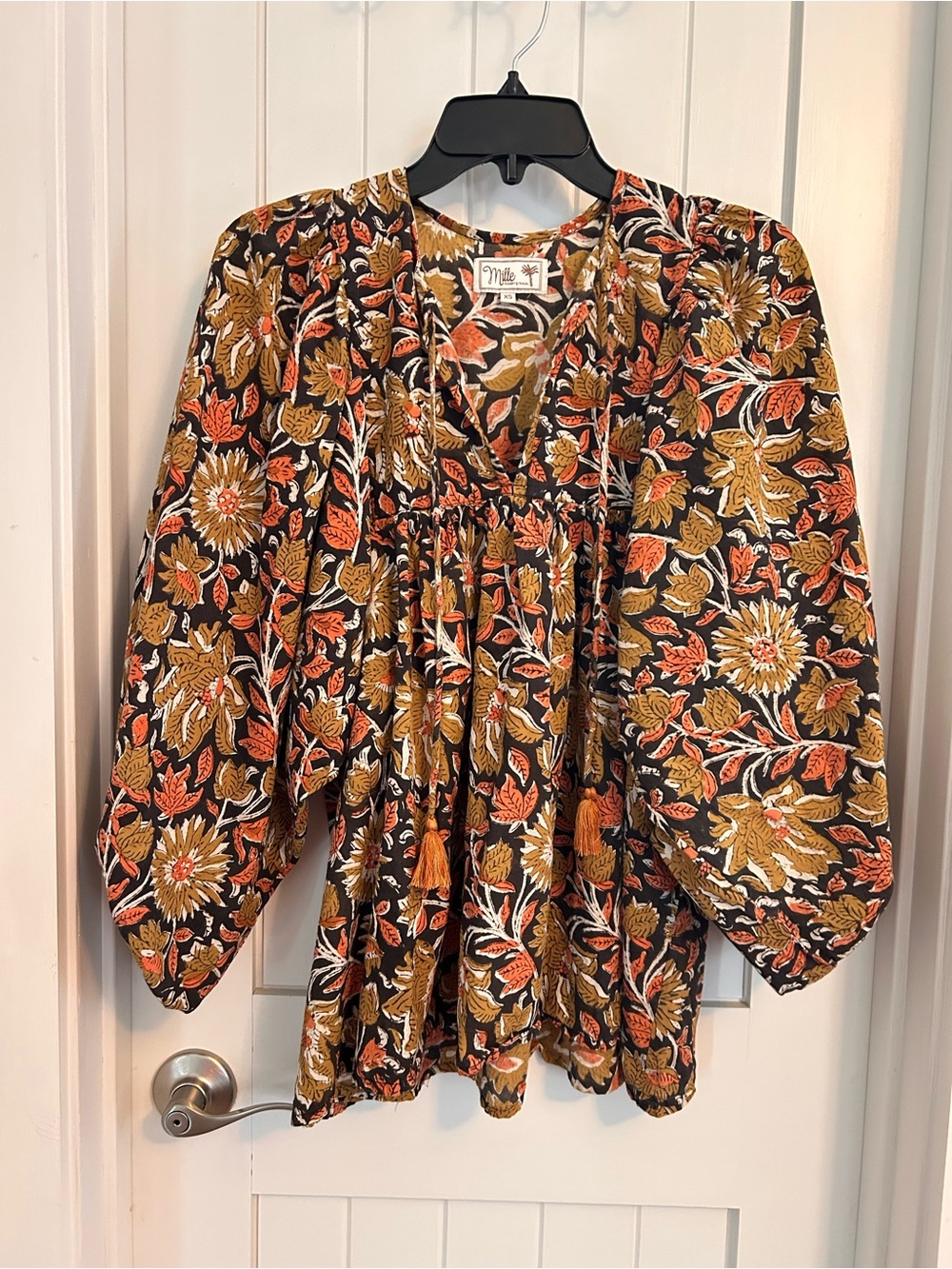 Mille Resort Travel Sunset Floral Oversized Flowy Peasant Blouse Size XS